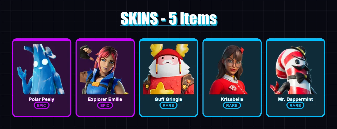 [PC/XBOX] | Polar Peely | Explorer Emilie | Guff Gringle | Krisabelle | Mr. Dappermint | 5 skin | 10 pickaxe | 9 emote | 14 glider | Lv105