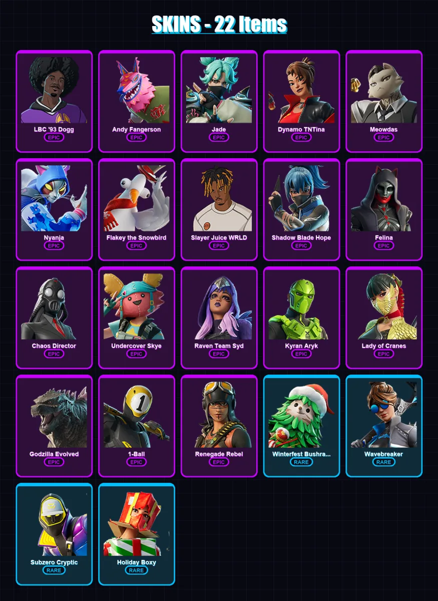 [PS4/PS5/XBOX/PC] | LBC '93 Dogg | Andy Fangerson | Jade | Dynamo TNTina | Meowdas | 22 skin | 33 pickaxe | 19 emote | 22 glider | Lv170