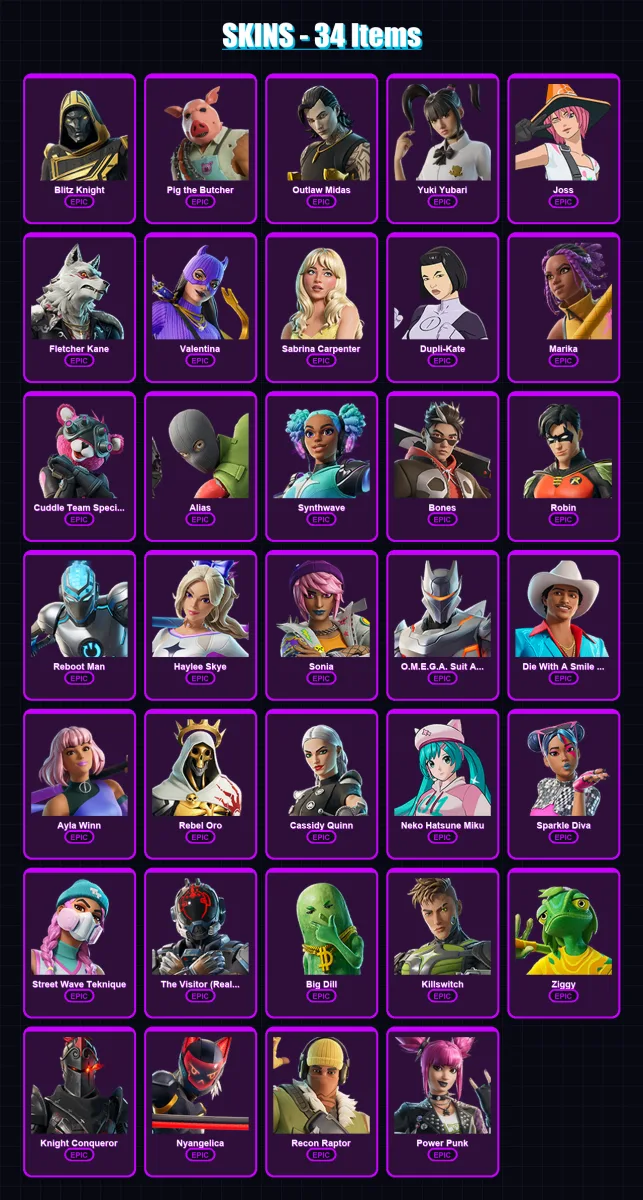 [PC/XBOX/PSN] | Blitz Knight | Pig the Butcher | Outlaw Midas | Yuki Yubari | Joss | 34 skin | 60 pickaxe | 48 emote | 38 glider | Lv324