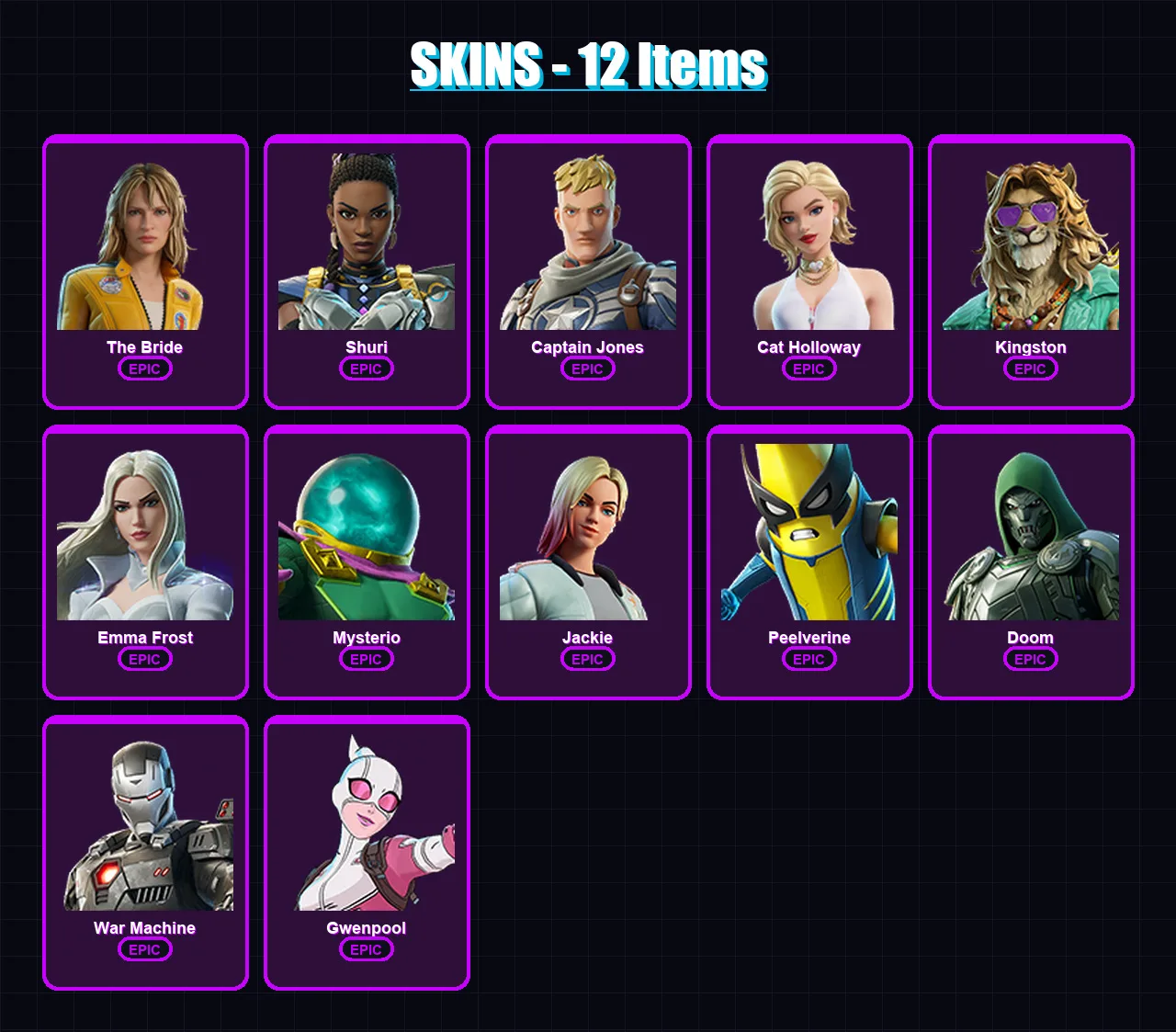 [PC/XBOX/PSN] | The Bride | Shuri | Captain Jones | Cat Holloway | Kingston | 12 skin | 31 pickaxe | 25 emote | 26 glider | Lv413