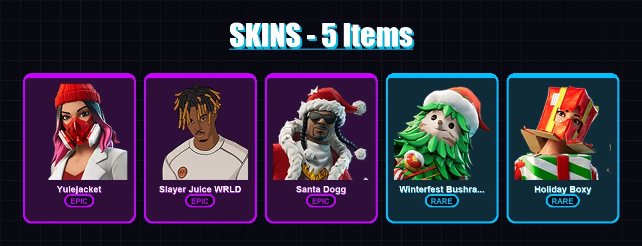 [PC/PSN] | Yulejacket | Slayer Juice WRLD | Santa Dogg | Winterfest Bushranger | Holiday Boxy | 5 skin | 15 pickaxe | 5 emote | 12 glider | Lv143