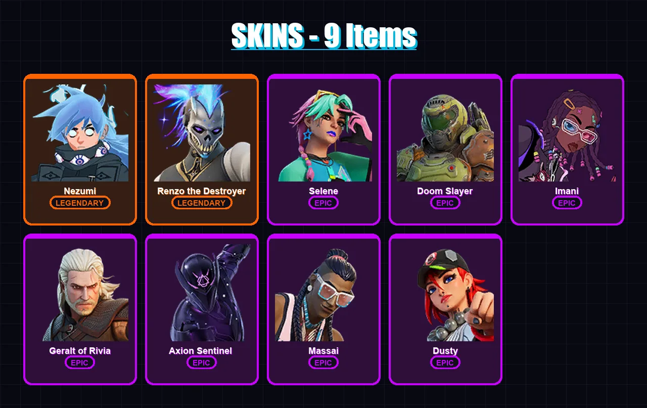 [PC/XBOX/PSN] | Nezumi | Renzo the Destroyer | Selene | Doom Slayer | Imani | 9 skin | 12 pickaxe | 10 emote | 13 glider | Lv107