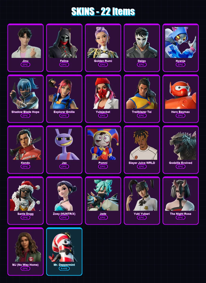 [PC/PSN] | Jinu | Felina | Golden Rumi | Daigo | Nyanja | 22 skin | 34 pickaxe | 20 emote | 17 glider | Lv171