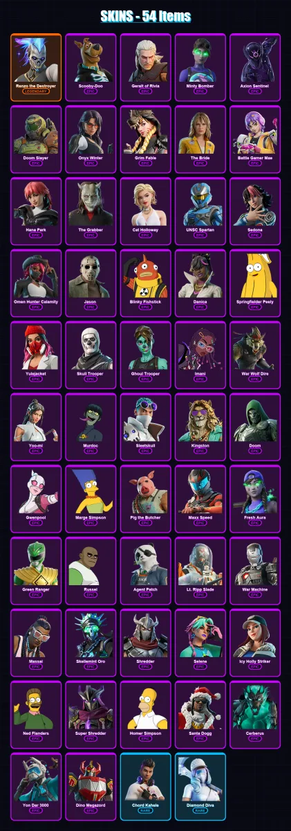 [PC/PSN] | Renzo the Destroyer | Scooby-Doo | Geralt of Rivia | Minty Bomber | Axion Sentinel  | 54 skin | 75 pickaxe | 38 emote | 48 glider | Lv379