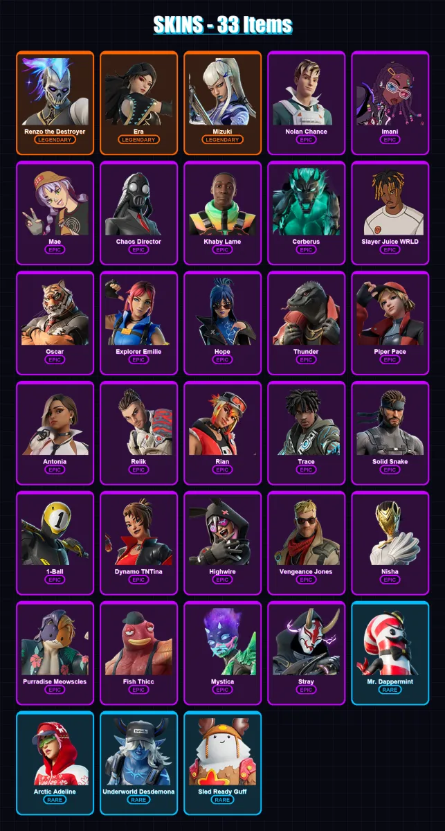 [PC/PSN] | Renzo the Destroyer | Era | Mizuki | Nolan Chance | Imani | 33 skin | 39 pickaxe | 35 emote | 40 glider | Lv578