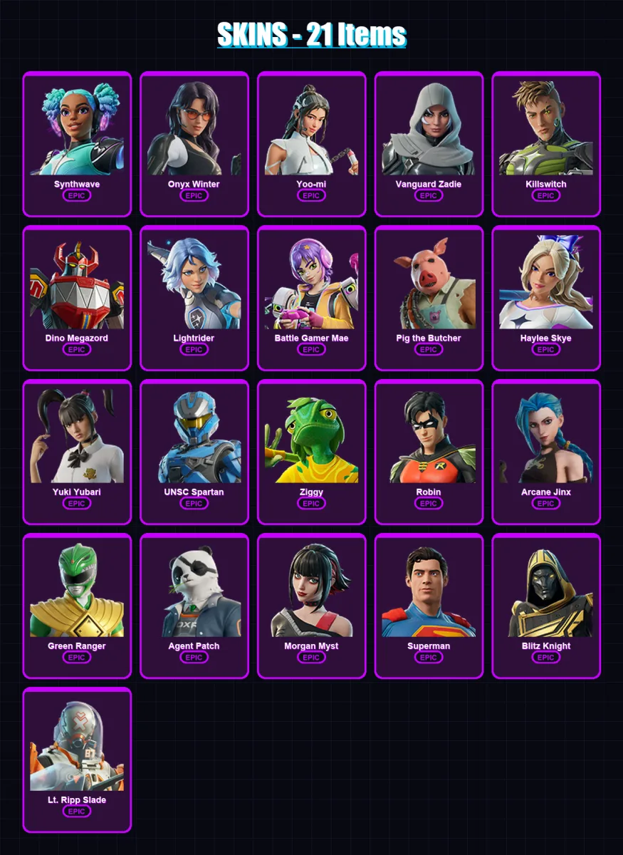 [PC/XBOX/PSN] | Synthwave | Onyx Winter | Yoo-mi | Vanguard Zadie | Killswitch | 21 skin | 67 pickaxe | 32 emote | 47 glider | Lv814