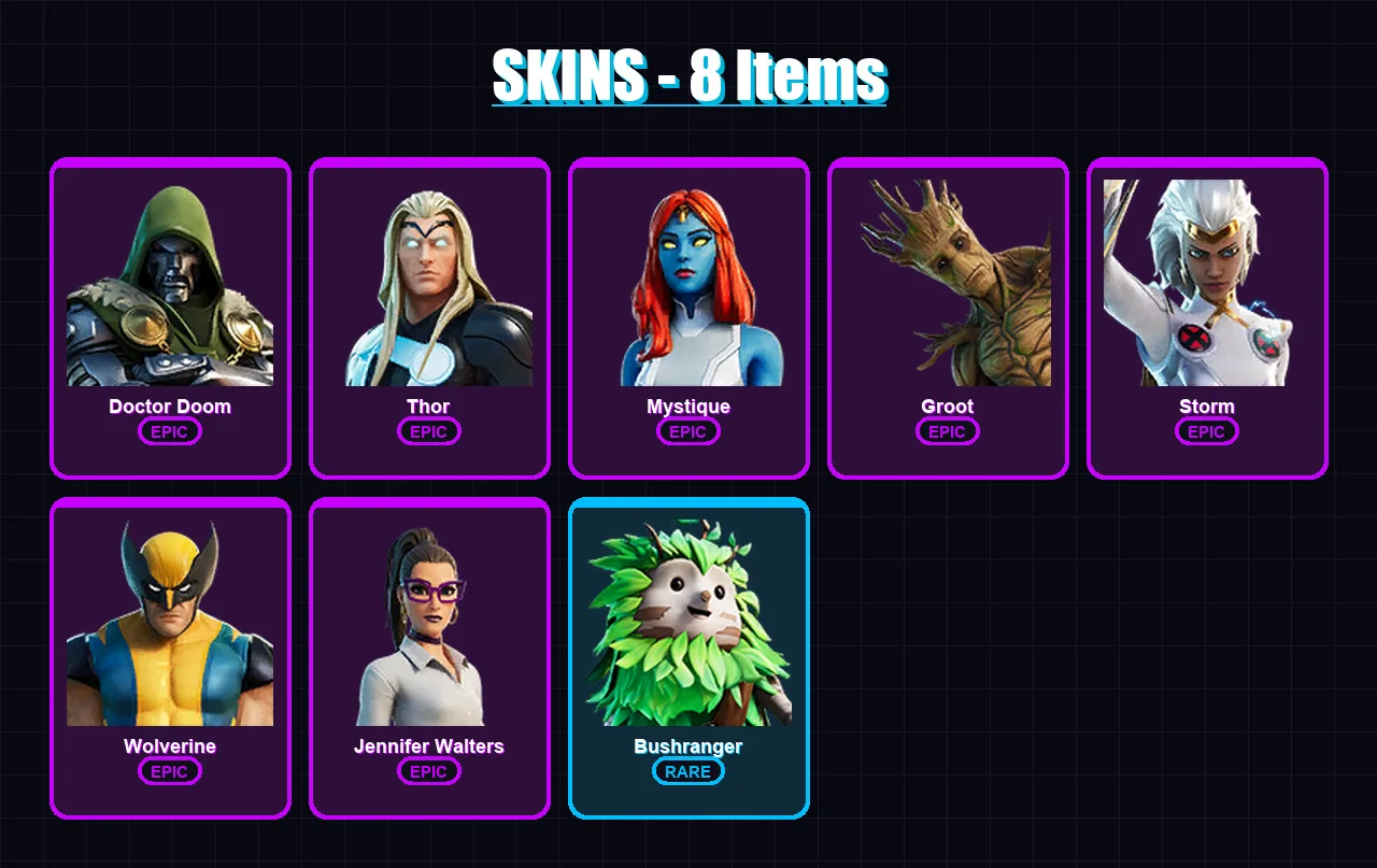 [PS4/PS5/XBOX/PC] | Doctor Doom | Thor | Mystique | Groot | Storm | 8 skin | 16 pickaxe | 10 emote | 16 glider | Lv299