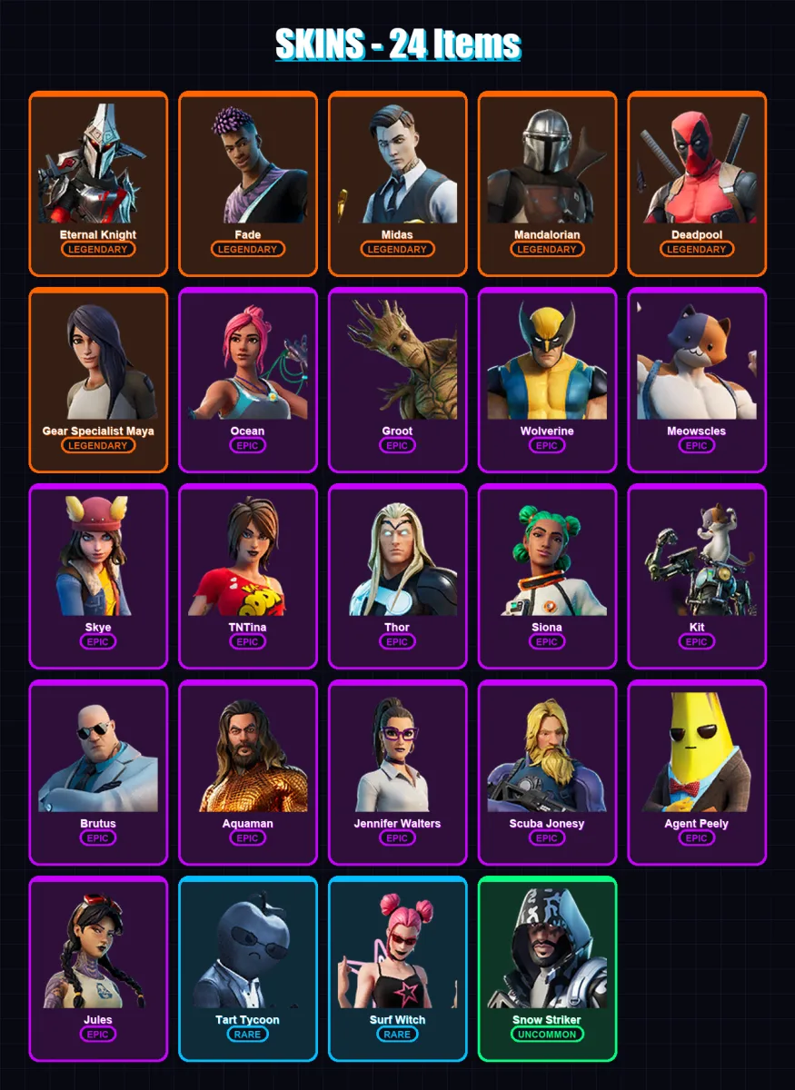 [PC/XBOX/PSN] | Eternal Knight | Fade | Midas | Mandalorian | Deadpool | 24 skin | 22 pickaxe | 18 emote | 26 glider | Lv345