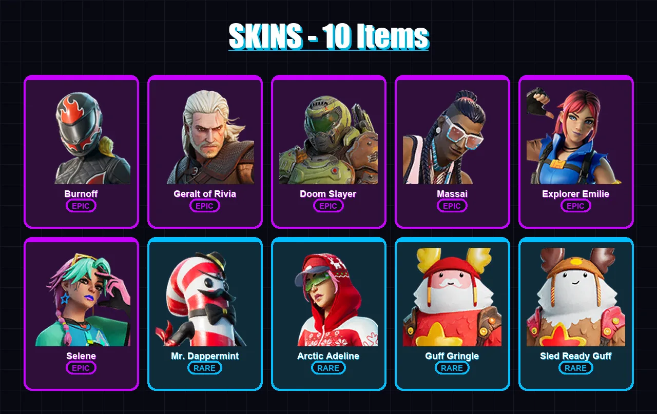 [PC/XBOX/PSN] | Burnoff | Geralt of Rivia | Doom Slayer | Massai | Explorer Emilie | 10 skin | 18 pickaxe | 11 emote | 17 glider | Lv130