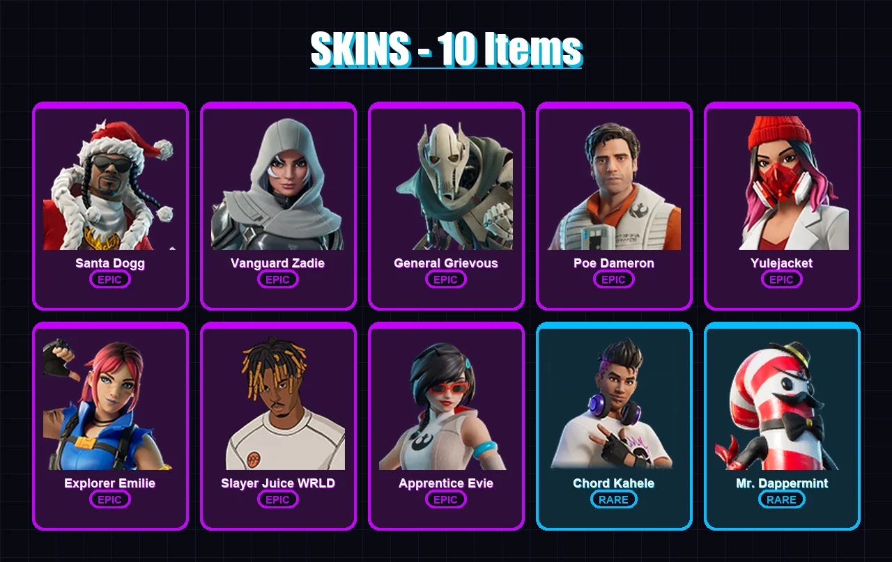 [PC/XBOX/PSN] | Santa Dogg | Vanguard Zadie | General Grievous | Poe Dameron | Yulejacket | 10 skin | 37 pickaxe | 14 emote | 22 glider | Lv268