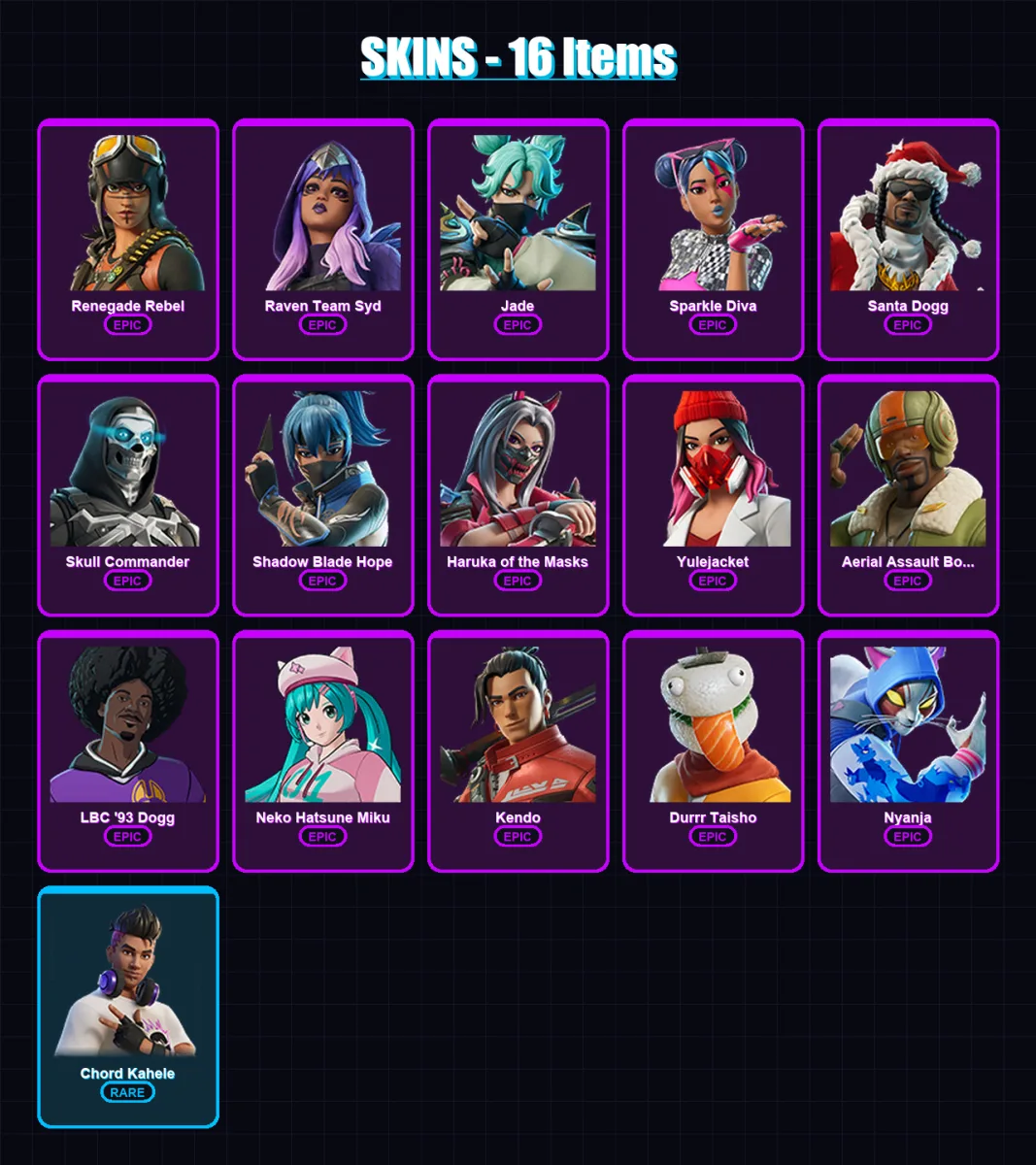 [PC/PSN] | Renegade Rebel | Raven Team Syd | Jade | Sparkle Diva | Santa Dogg | 16 skin | 20 pickaxe | 14 emote | 15 glider | Lv82