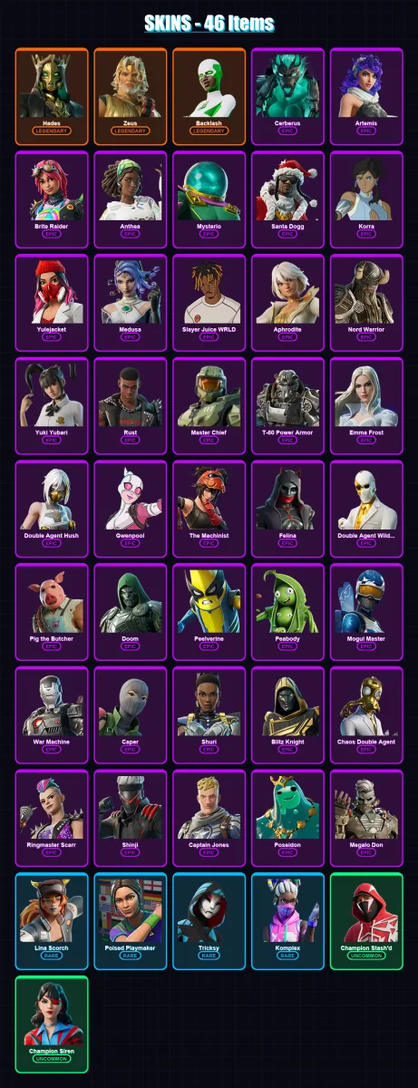 [PS4/PS5/XBOX/PC] | Hades | Zeus | Backlash | Cerberus | Artemis | 46 skin | 107 pickaxe | 57 emote | 67 glider | Lv992