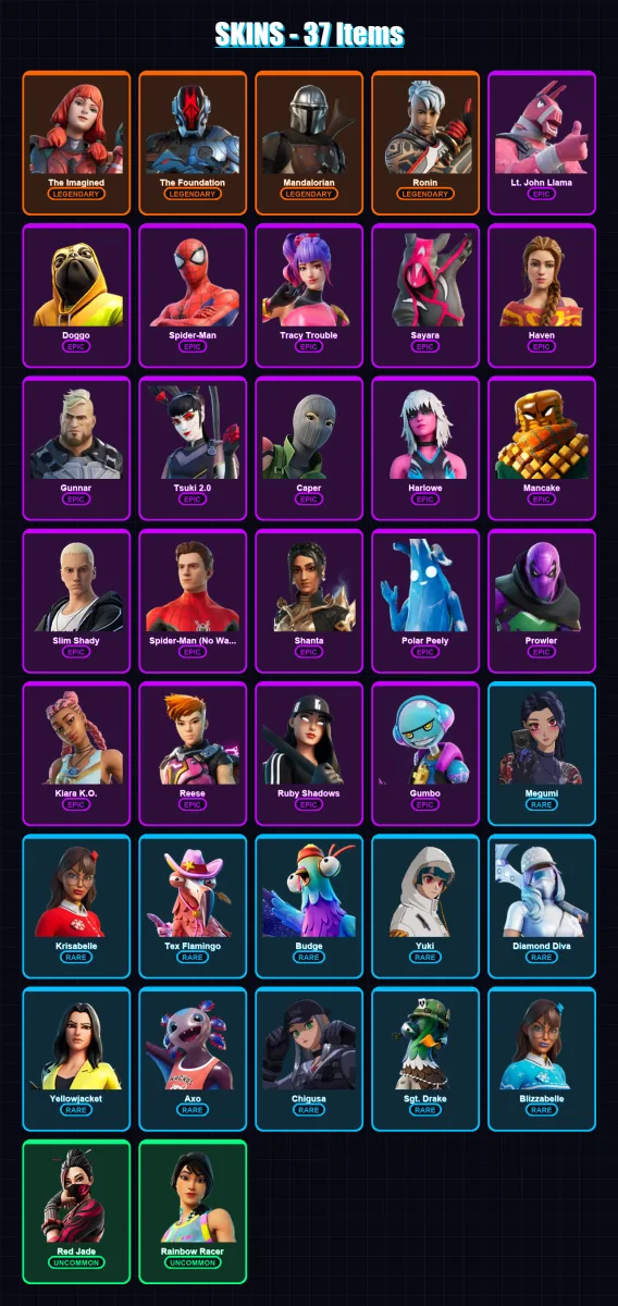 [PC/XBOX/PSN] | The Imagined | The Foundation | Mandalorian | Ronin | Lt. John Llama | 37 skin | 38 pickaxe | 30 emote | 36 glider | Lv465