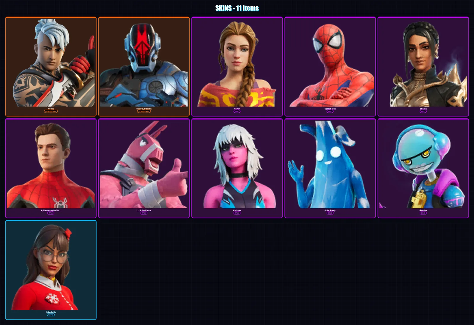 [PC/XBOX/PSN] | Ronin | The Foundation | Haven | Spider-Man | Shanta | 11 skin | 19 pickaxe | 21 emote | 18 glider | Lv288