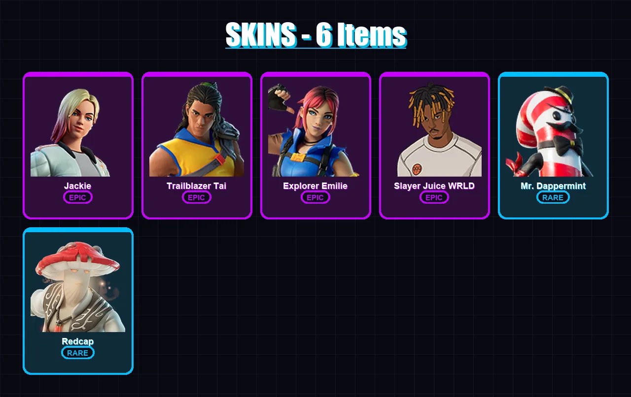 [PC/PSN] | Jackie | Trailblazer Tai | Explorer Emilie | Slayer Juice WRLD | Mr. Dappermint | 6 skin | 5 pickaxe | 2 emote | 4 glider | Lv64