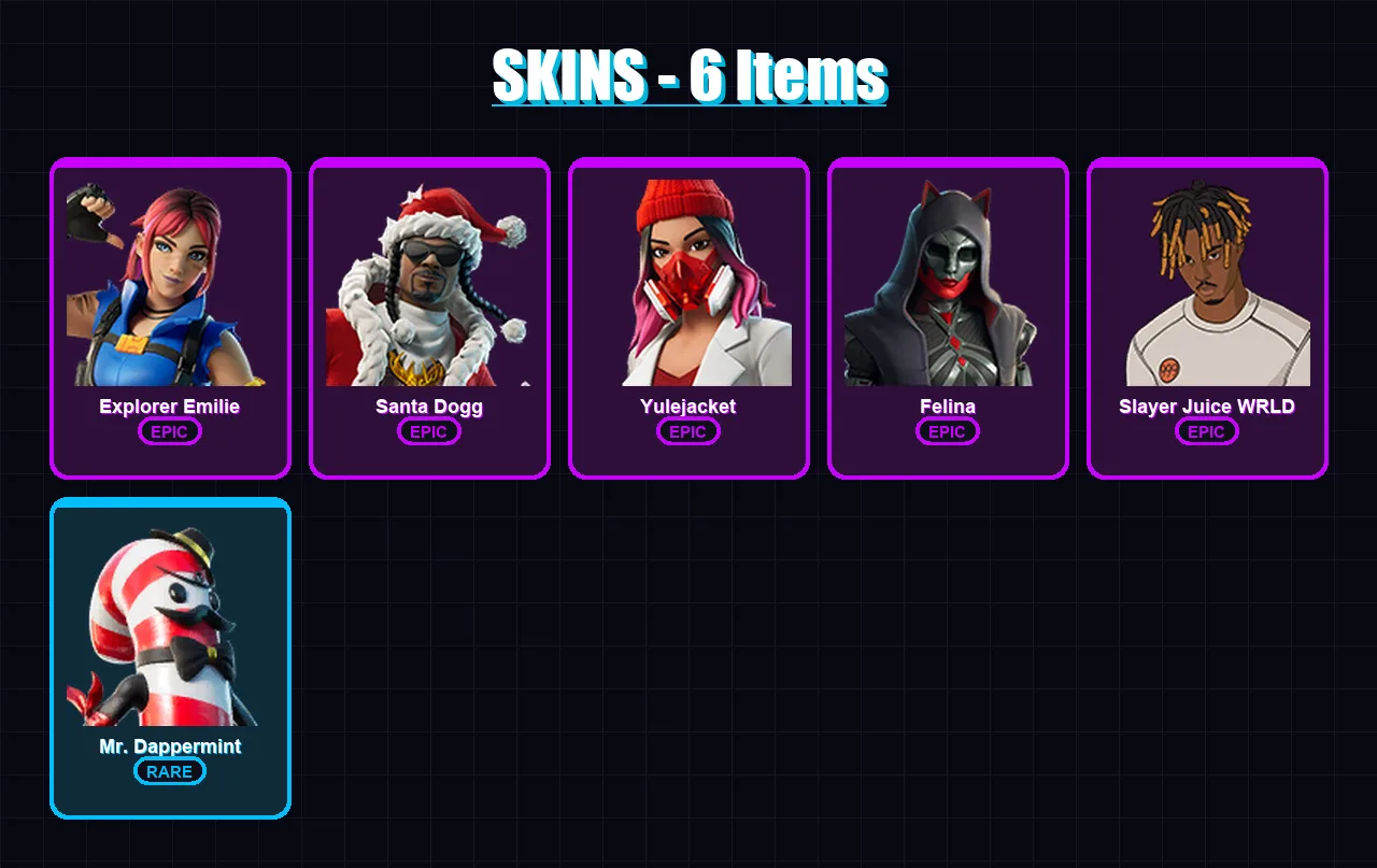 [PC/PSN] | Explorer Emilie | Santa Dogg | Yulejacket | Felina | Slayer Juice WRLD | 6 skin | 25 pickaxe | 15 emote | 15 glider | Lv332
