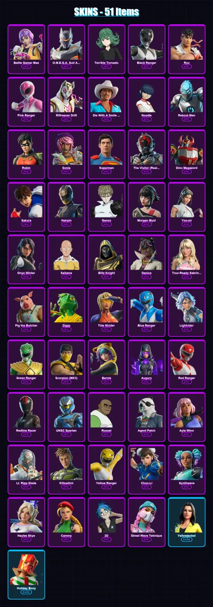[PC/XBOX/PSN] | Battle Gamer Mae | O.M.E.G.A. Suit Alpha | Terrible Tornado | Black Ranger | Ryu | 51 skin | 76 pickaxe | 62 emote | 45 glider | Lv8