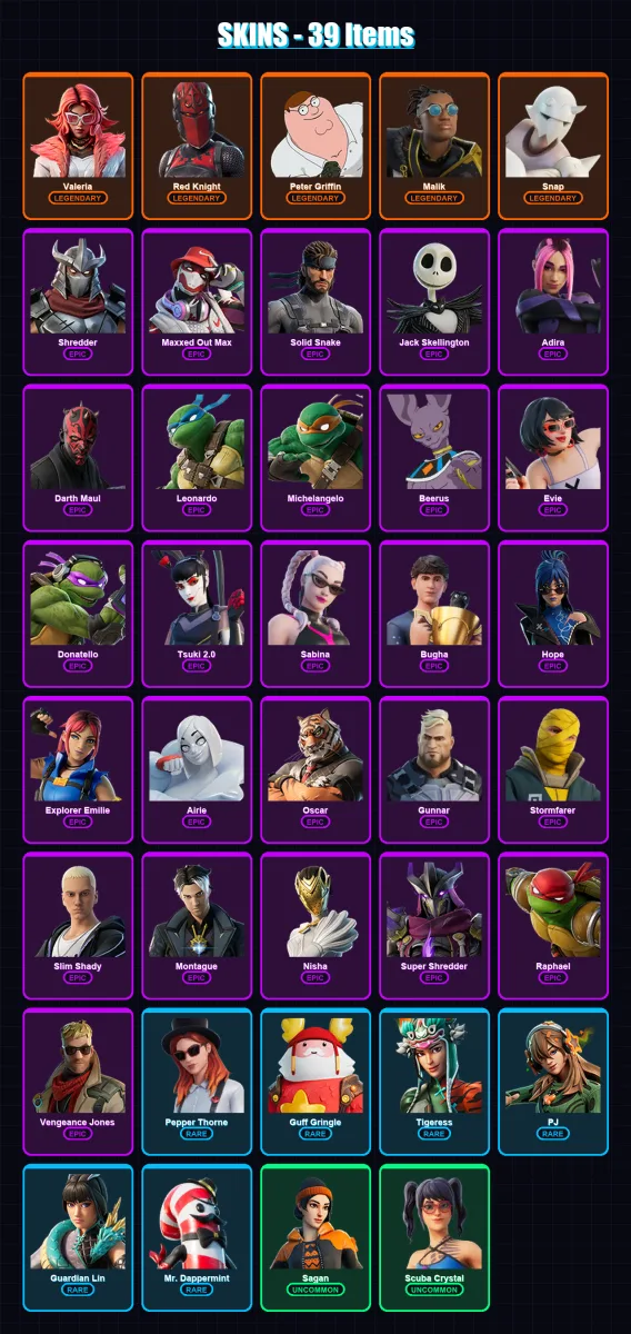 [PC/XBOX/PSN] | Valeria | Red Knight | Peter Griffin | Malik | Snap | 39 skin | 47 pickaxe | 36 emote | 31 glider | Lv410