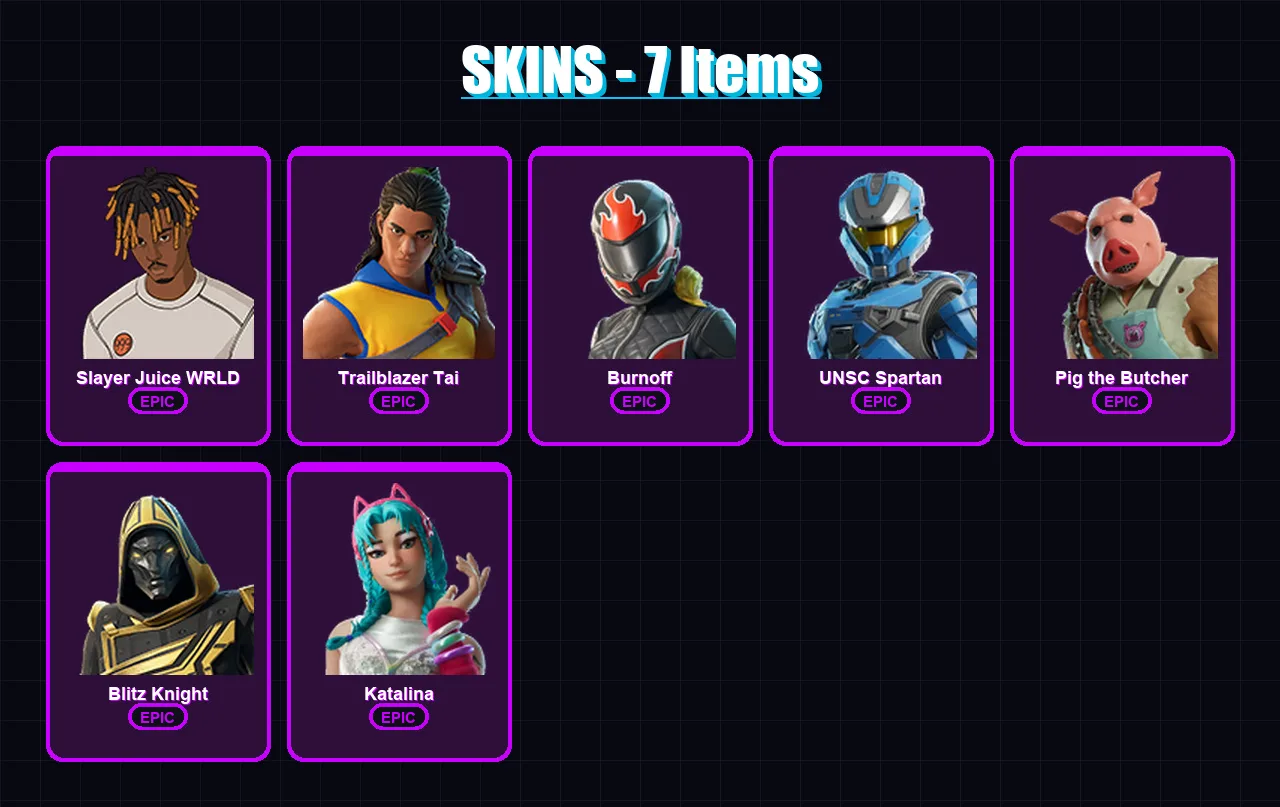 [PC/PSN] | Slayer Juice WRLD | Trailblazer Tai | Burnoff | UNSC Spartan | Pig the Butcher | 7 skin | 47 pickaxe | 18 emote | 29 glider | Lv515