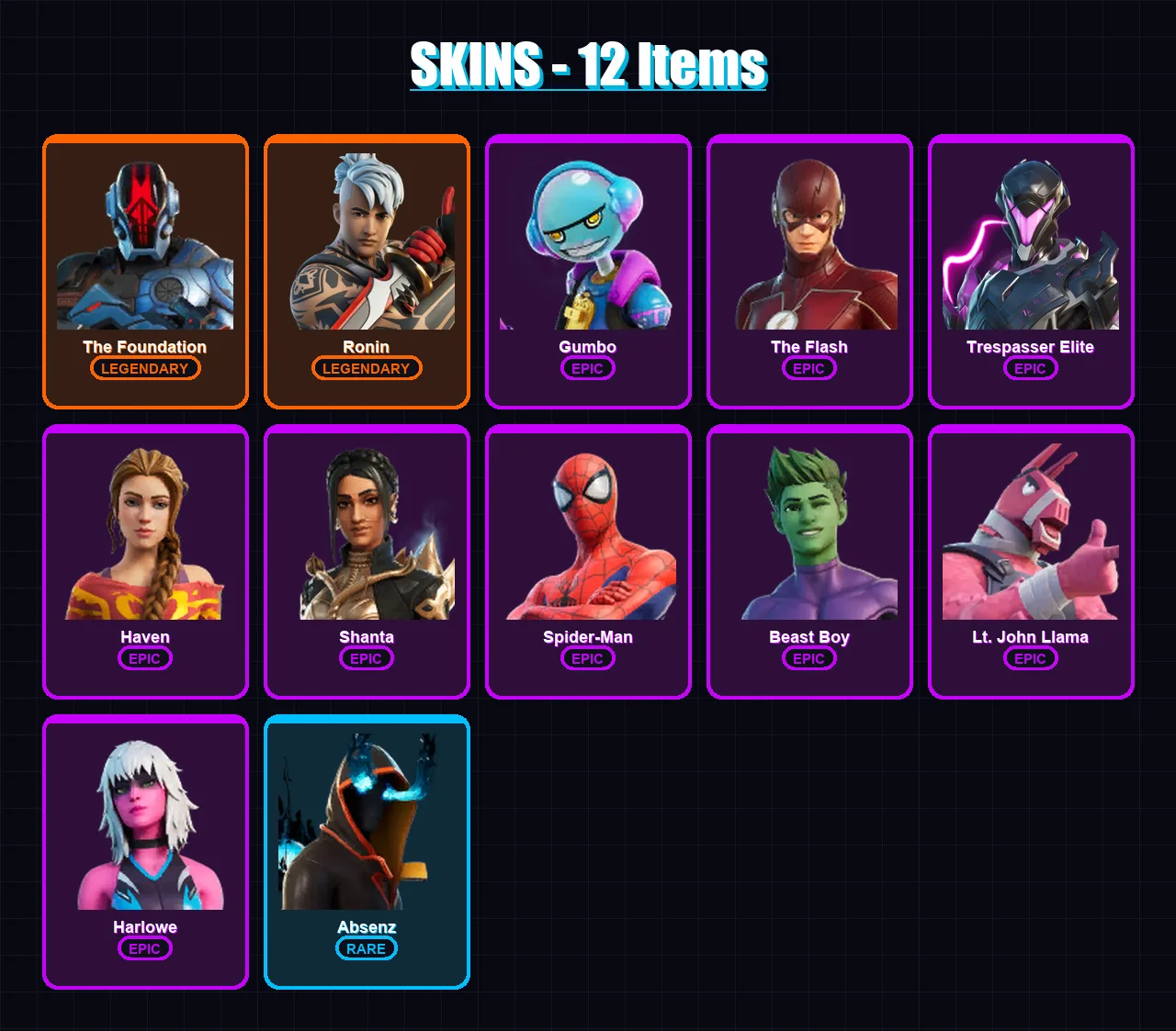[PS4/PS5/XBOX/PC] | The Foundation | Ronin | Gumbo | The Flash | Trespasser Elite | 12 skin | 24 pickaxe | 25 emote | 21 glider | Lv371 — Fortnite account