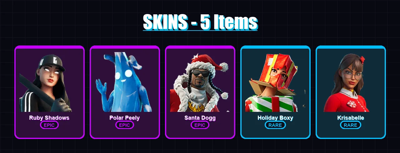 [PC/XBOX/PSN] | Ruby Shadows | Polar Peely | Santa Dogg | Holiday Boxy | Krisabelle | 5 skin | 20 pickaxe | 14 emote | 18 glider | Lv359