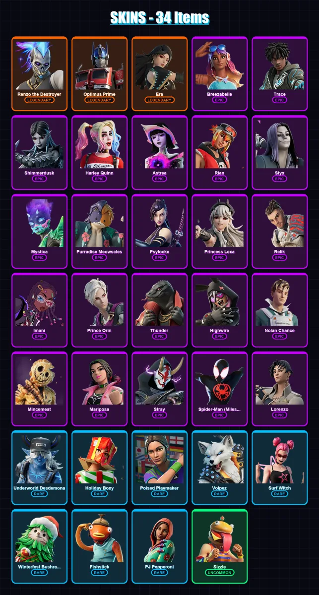 [PC/PSN] | Renzo the Destroyer | Optimus Prime | Era | Breezabelle | Trace | 34 skin | 35 pickaxe | 22 emote | 27 glider | Lv354