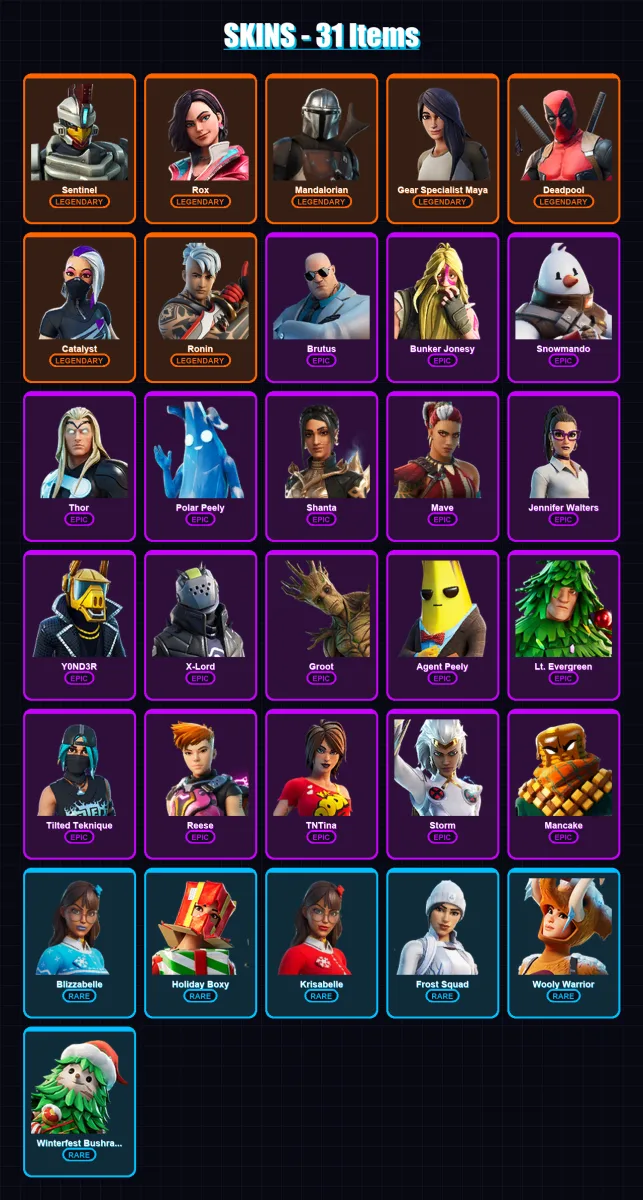 [PC/XBOX/PSN] | Sentinel | Rox | Mandalorian | Gear Specialist Maya | Deadpool | 31 skin | 31 pickaxe | 27 emote | 38 glider | Lv410 — Fortnite account