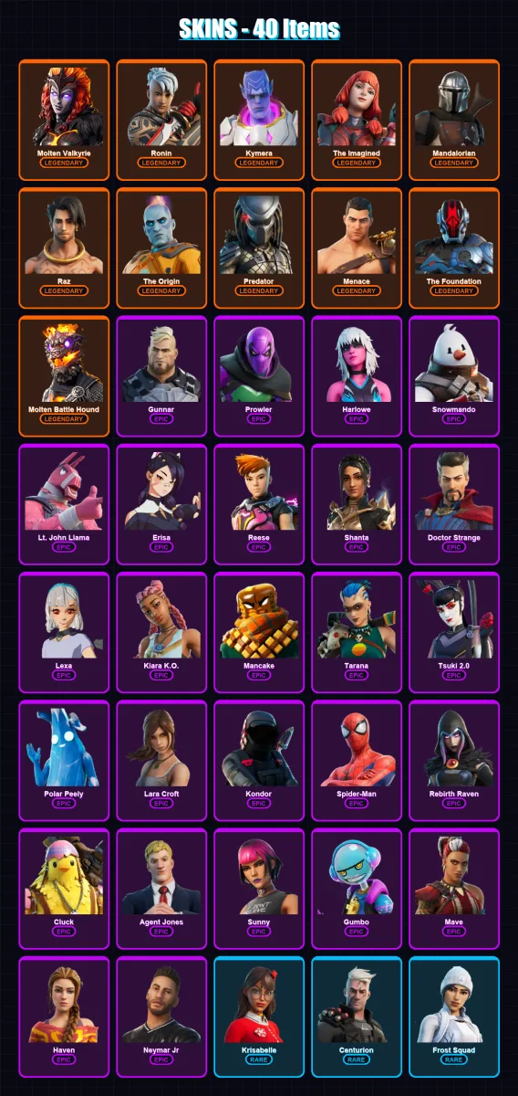 [PC/XBOX/PSN] | Molten Valkyrie | Ronin | Kymera | The Imagined | Mandalorian | 40 skin | 40 pickaxe | 32 emote | 41 glider | Lv578