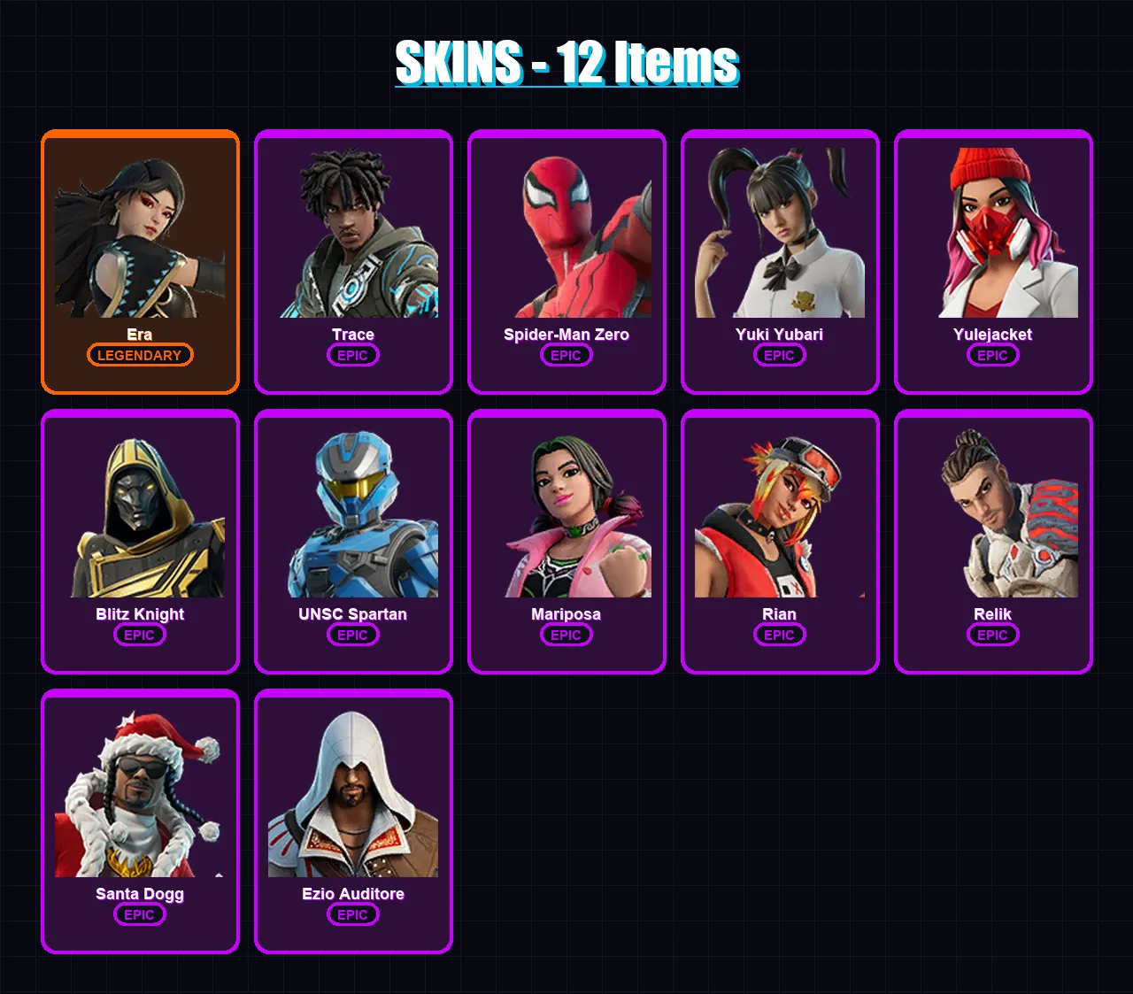 [PC/PSN] | Era | Trace | Spider-Man Zero | Yuki Yubari | Yulejacket | 12 skin | 34 pickaxe | 15 emote | 25 glider | Lv333
