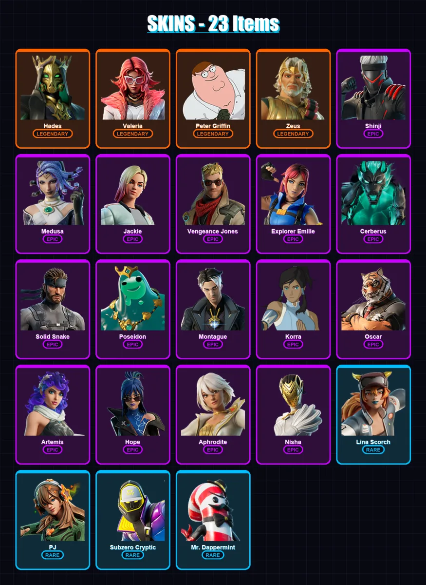 [SWITCH/XBOX/PC] | Hades | Valeria | Peter Griffin | Zeus | Shinji | 23 skin | 33 pickaxe | 28 emote | 21 glider | Lv310