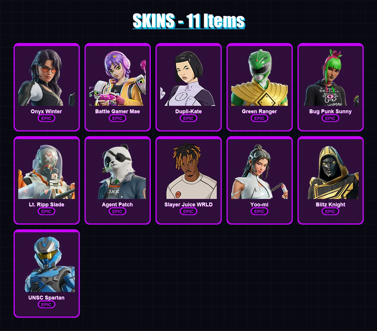[PC/XBOX/PSN] | Onyx Winter | Battle Gamer Mae | Dupli-Kate | Green Ranger | Bug Punk Sunny | 11 skin | 48 pickaxe | 22 emote | 27 glider | Lv412 — Game account