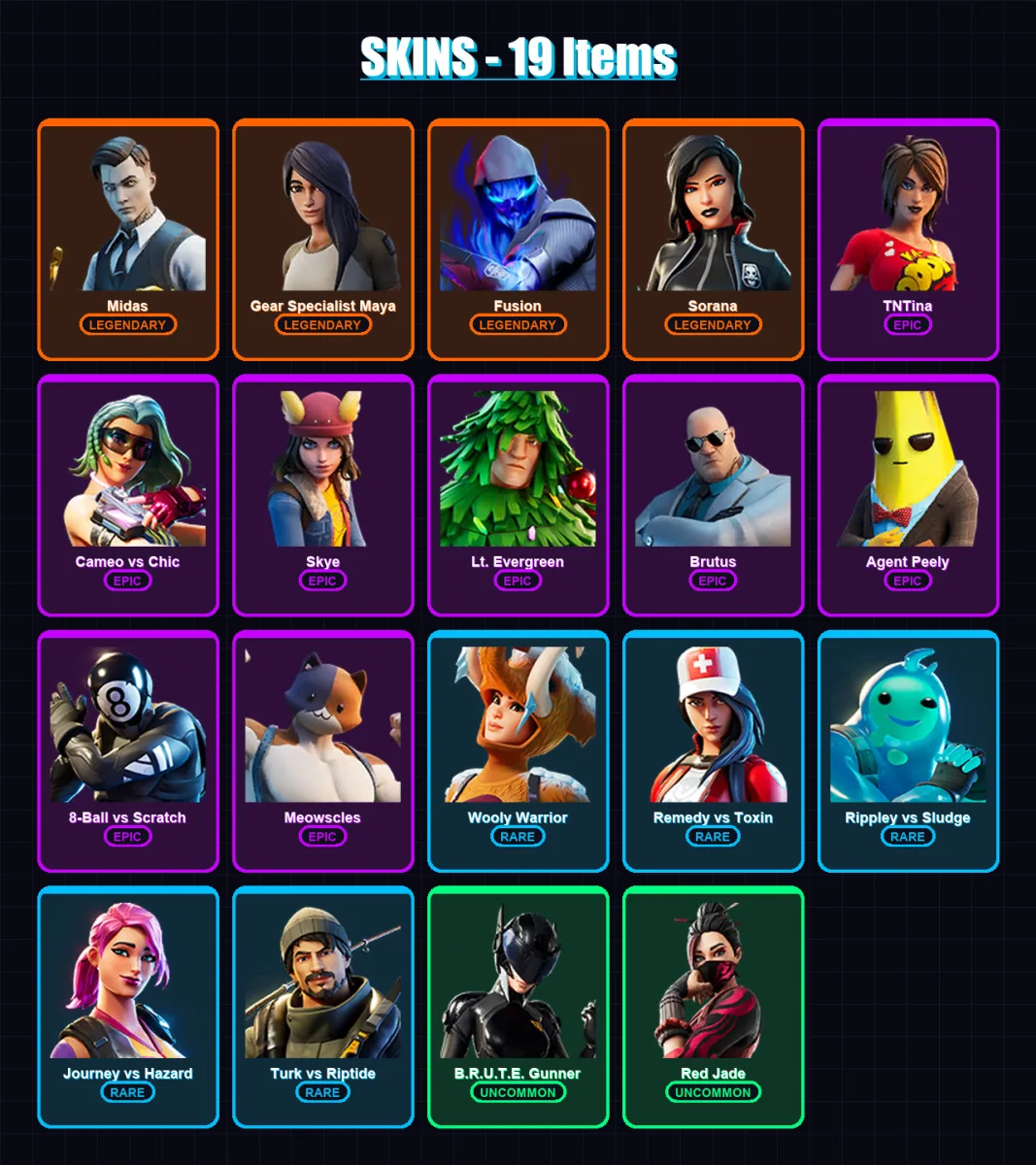 [PC/XBOX/PSN] | Midas | Gear Specialist Maya | Fusion | Sorana | TNTina | 19 skin | 25 pickaxe | 25 emote | 22 glider | Lv559
