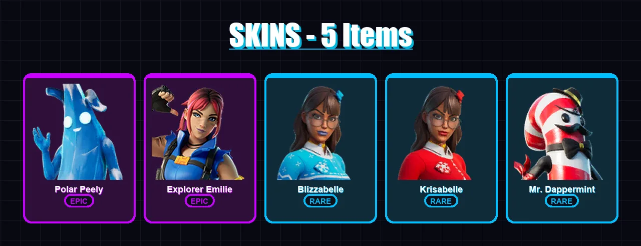 [PC/XBOX] | Polar Peely | Explorer Emilie | Blizzabelle | Krisabelle | Mr. Dappermint | 5 skin | 11 pickaxe | 11 emote | 9 glider | Lv199
