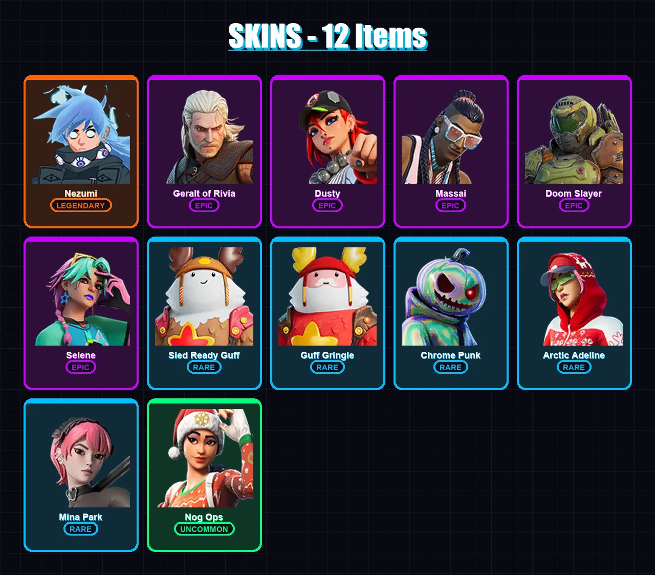 [SWITCH/XBOX/PSN/PC] | Nezumi | Geralt of Rivia | Dusty | Massai | Doom Slayer | 12 skin | 18 pickaxe | 20 emote | 21 glider | Lv236