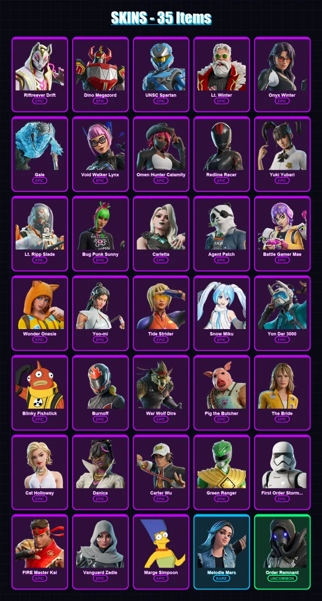 [PC/PSN] | Riftreaver Drift | Dino Megazord | UNSC Spartan | Lt. Winter | Onyx Winter | 35 skin | 55 pickaxe | 32 emote | 26 glider | Lv313