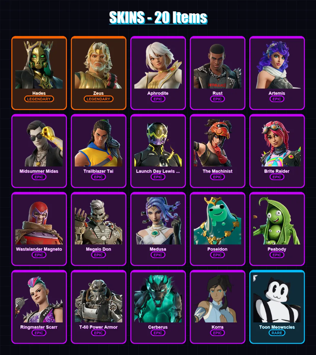 [PC/PSN] | Hades | Zeus | Aphrodite | Rust | Artemis | 20 skin | 27 pickaxe | 25 emote | 25 glider | Lv365