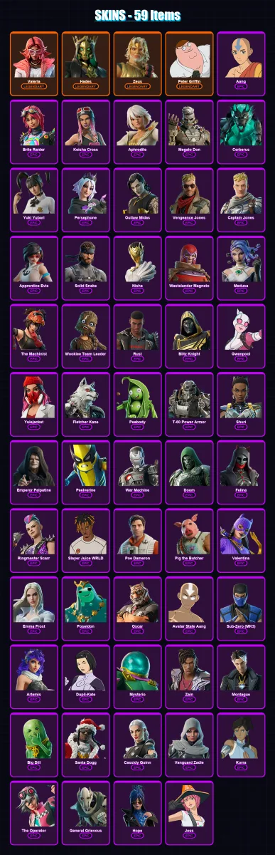 [PS4/PS5/XBOX/PC] | Valeria | Hades | Zeus | Peter Griffin | Aang | 59 skin | 126 pickaxe | 75 emote | 80 glider | Lv1628