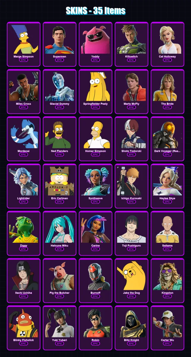 [PC/XBOX/PSN] | Marge Simpson | Superman | Yeddy | Killswitch | Cat Holloway | 35 skin | 76 pickaxe | 45 emote | 48 glider | Lv586