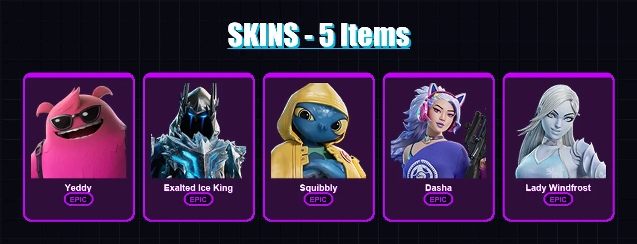 [PC/XBOX/PSN] | Yeddy | Exalted Ice King | Squibbly | Dasha | Lady Windfrost | 5 skin | 7 pickaxe | 7 emote | 7 glider | Lv51