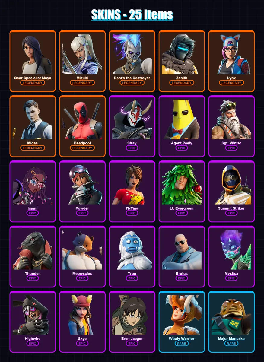[PS4/PS5/XBOX/PC] | Gear Specialist Maya | Mizuki | Renzo the Destroyer | Zenith | Lynx | 25 skin | 30 pickaxe | 43 emote | 35 glider | Lv624 — Fortnite account