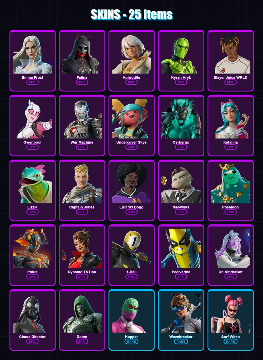 [PC/PSN] | Emma Frost | Felina | Aphrodite | Kyran Aryk | Slayer Juice WRLD | 25 skin | 37 pickaxe | 21 emote | 21 glider | Lv271 — Fortnite account