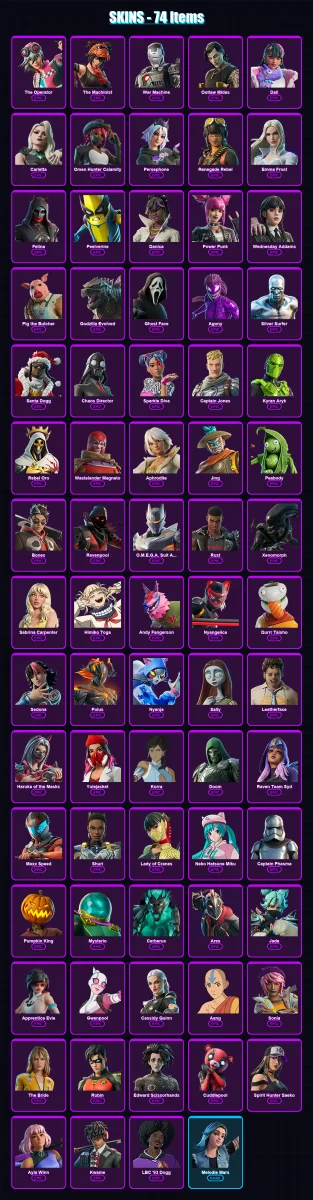 [PC/XBOX/PSN] | The Operator | The Machinist | War Machine | Outlaw Midas | Dali | 74 skin | 65 pickaxe | 49 emote | 36 glider | Lv220