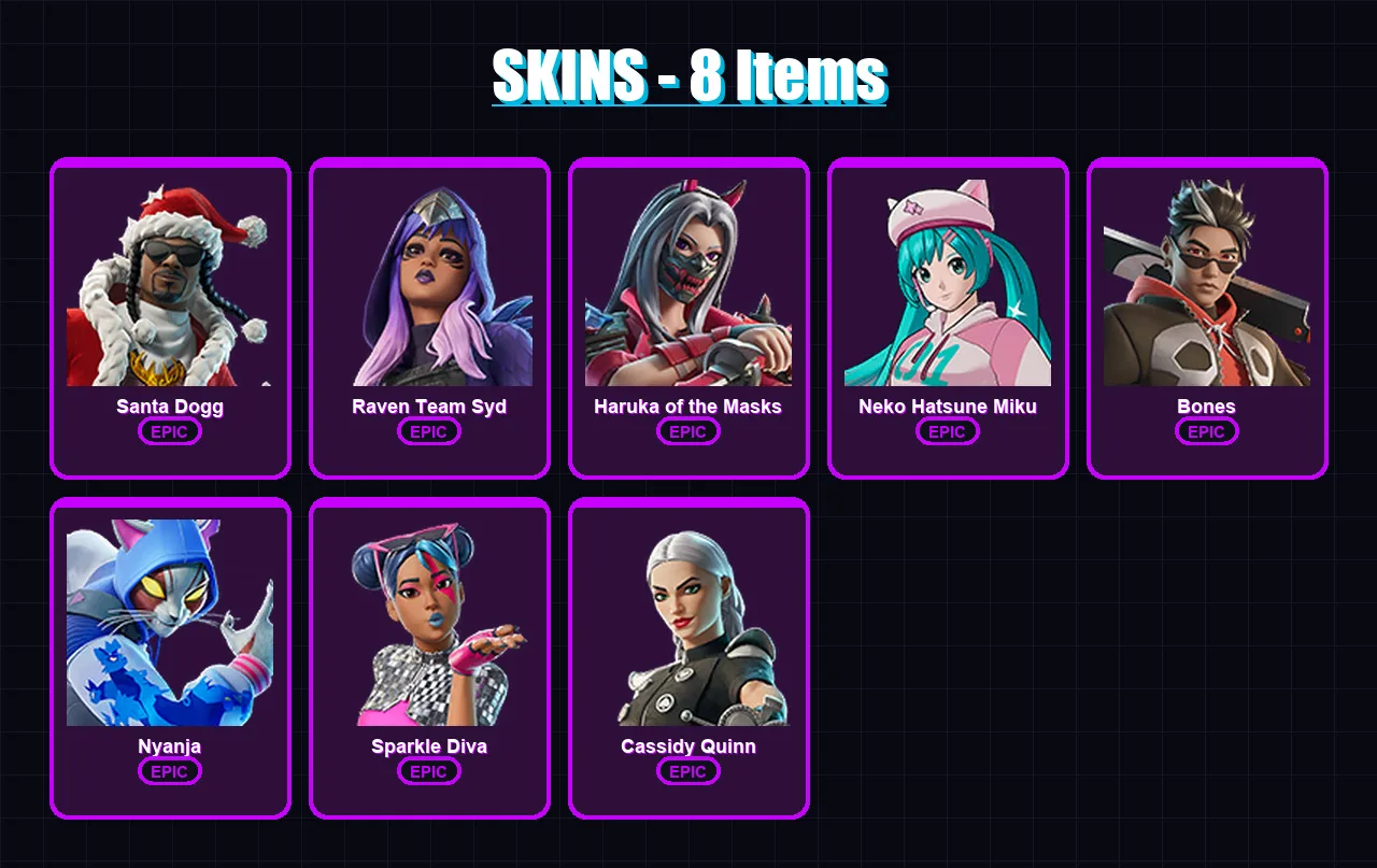 [PC/PSN] | Santa Dogg | Raven Team Syd | Haruka of the Masks | Neko Hatsune Miku | Bones | 8 skin | 4 pickaxe | 2 emote | 2 glider | Lv5