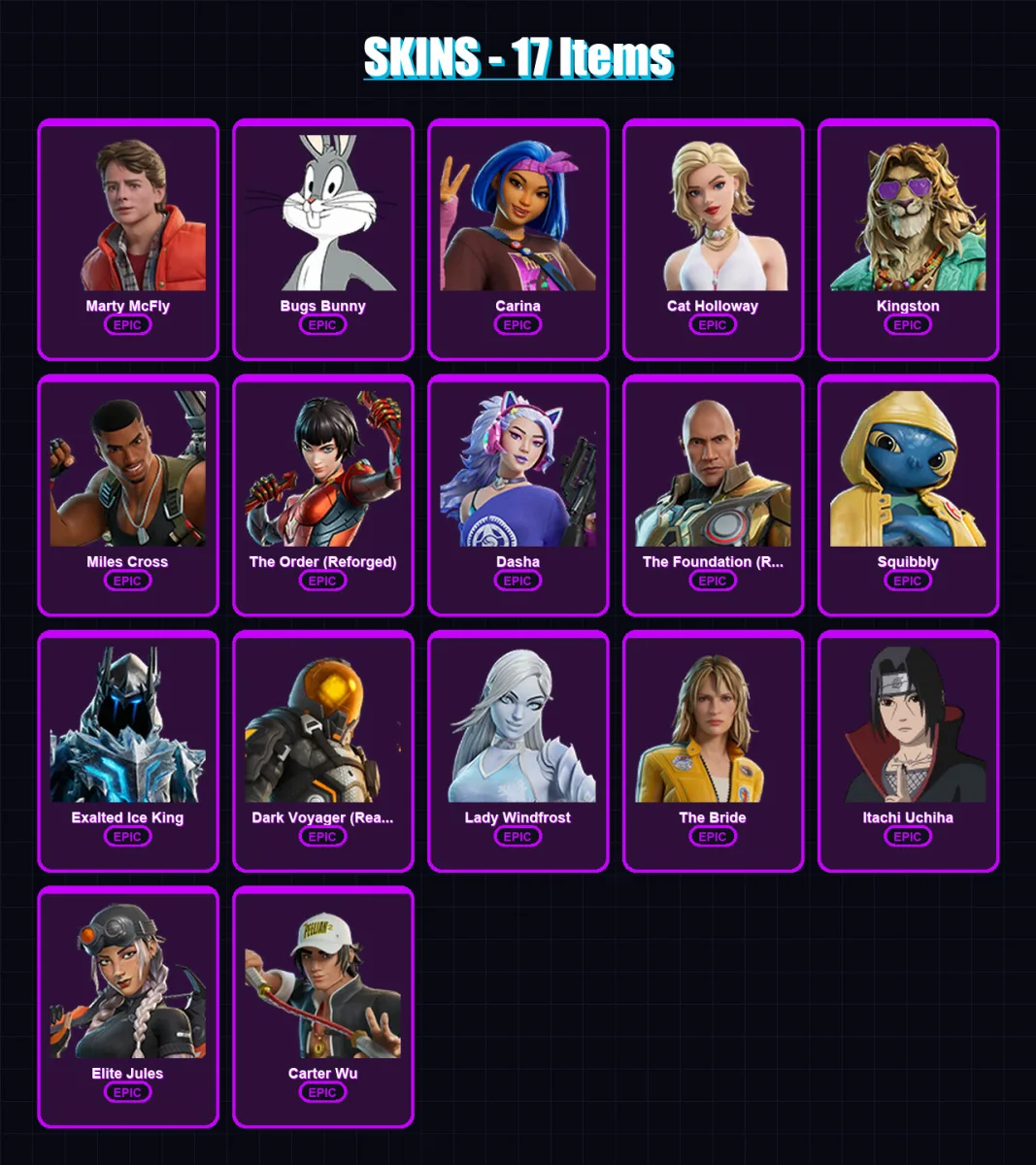 [PC/XBOX/PSN] | Marty McFly | Bugs Bunny | Carina | Cat Holloway | Kingston | 17 skin | 41 pickaxe | 24 emote | 27 glider | Lv397