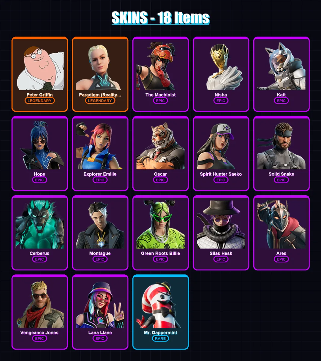 [PC/XBOX/PSN] | Peter Griffin | Paradigm (Reality-659) | The Machinist | Nisha | Katt | 18 skin | 17 pickaxe | 9 emote | 13 glider | Lv102