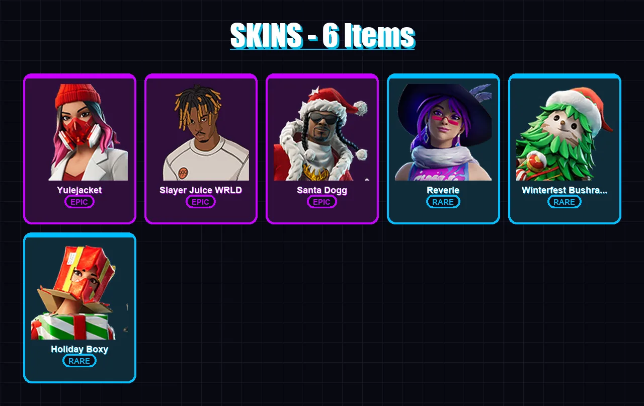 [PC/XBOX/PSN] | Yulejacket | Slayer Juice WRLD | Santa Dogg | Reverie | Winterfest Bushranger | 6 skin | 23 pickaxe | 12 emote | 20 glider | Lv197