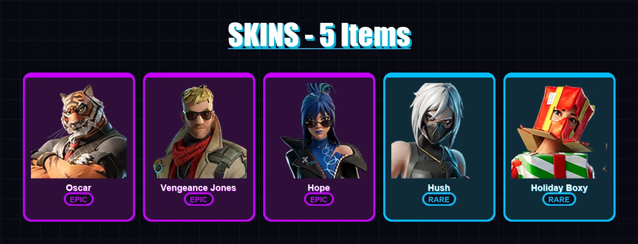 [PC/XBOX/PSN] | Oscar | Vengeance Jones | Hope | Hush | Holiday Boxy | 5 skin | 6 pickaxe | 3 emote | 5 glider | Lv48