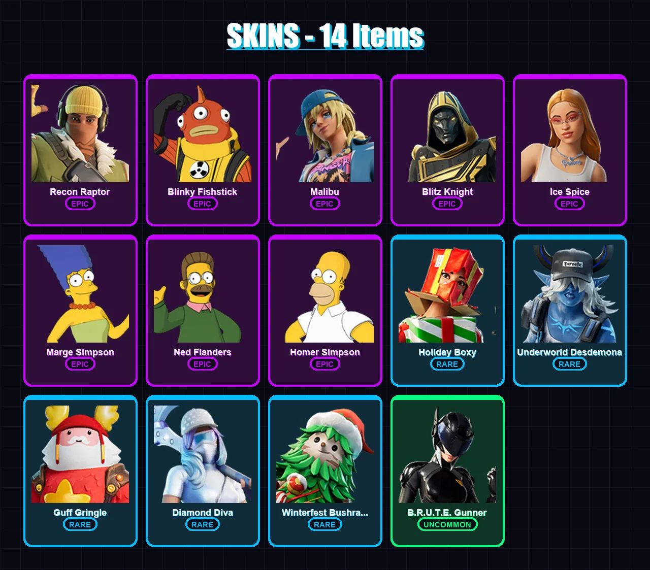 [PC/XBOX/PSN] | Recon Raptor | Blinky Fishstick | Malibu | Blitz Knight | Ice Spice | 14 skin | 72 pickaxe | 28 emote | 48 glider | Lv627