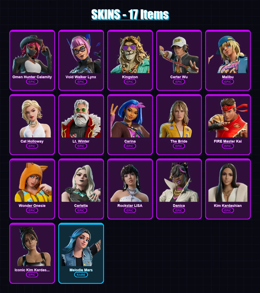 [PC/PSN] | Omen Hunter Calamity | Void Walker Lynx | Kingston | Carter Wu | Malibu | 17 skin | 26 pickaxe | 17 emote | 14 glider | Lv96