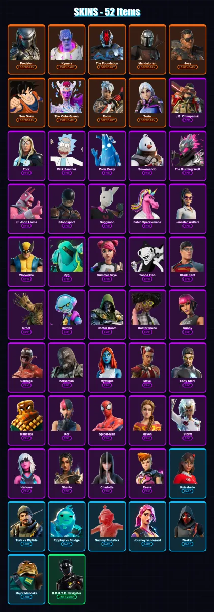 [SWITCH/XBOX/PSN/PC] | Predator | Kymera | The Foundation | Mandalorian | Joey | 52 skin | 64 pickaxe | 48 emote | 59 glider | Lv1101
